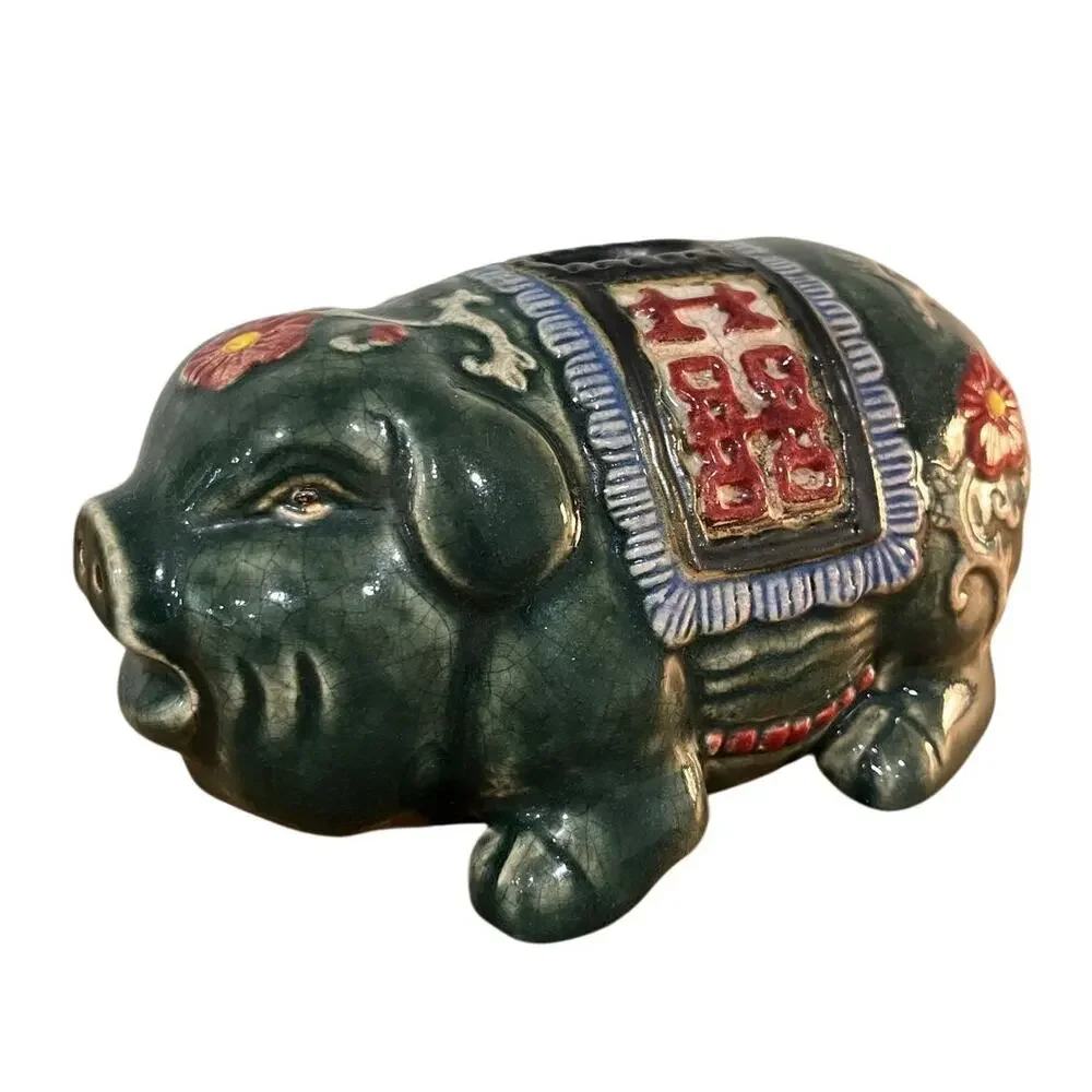 Gump’s Ceramic Piggy Bank Green Celadon Double‎ Happiness Asian Decor